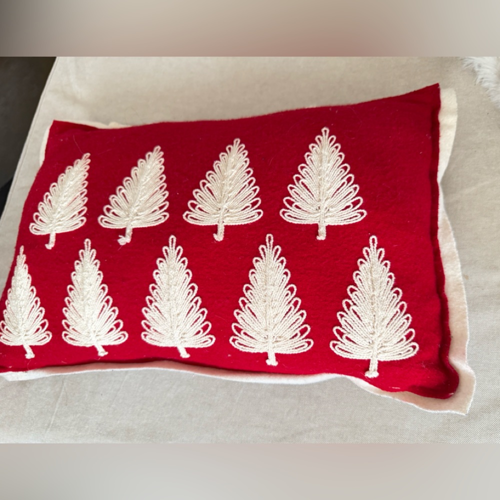 Crate & Barrel lumbar felt Christmas tree forest red & cream lumbar pillow cover